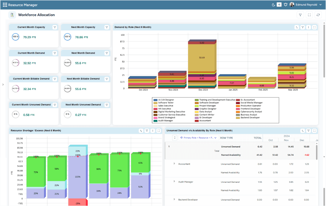 Dashboard showing workforce capacity planning with demand by role, resource shortage analysis, and availability insights across upcoming months