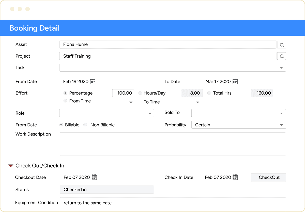 Equipment scheduling software booking detail screen