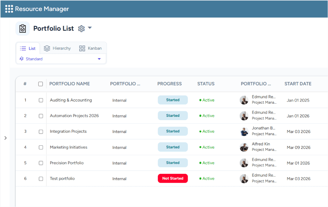 Interface showing portfolio list with progress, status, owners, and dates
