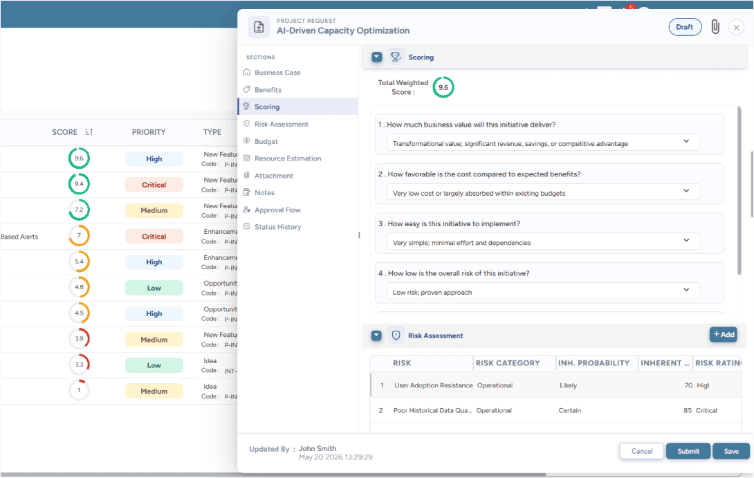 Screen showing project request form with weighted score, scoring questions, and risk assessment details