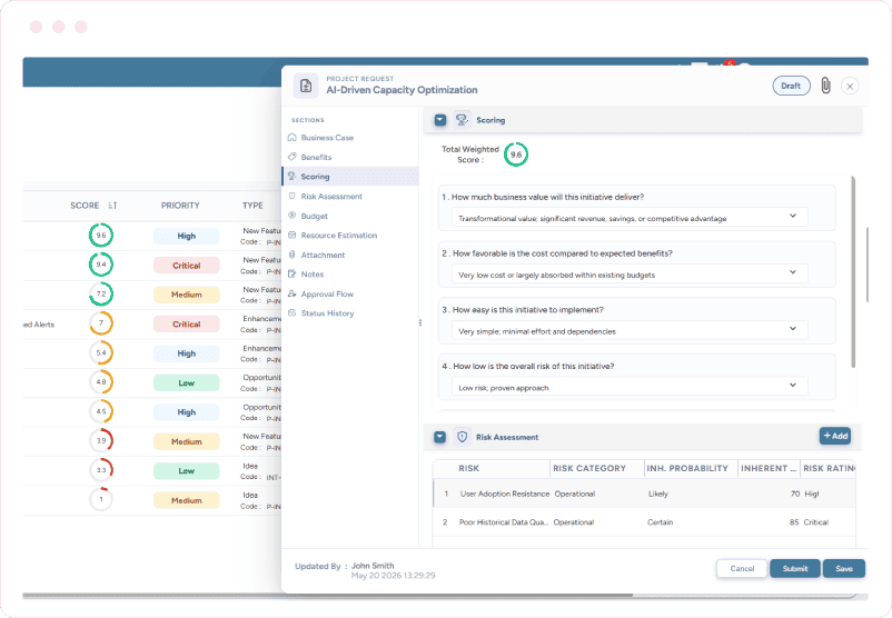 Screen showing project request form with weighted score, scoring questions, and risk assessment details