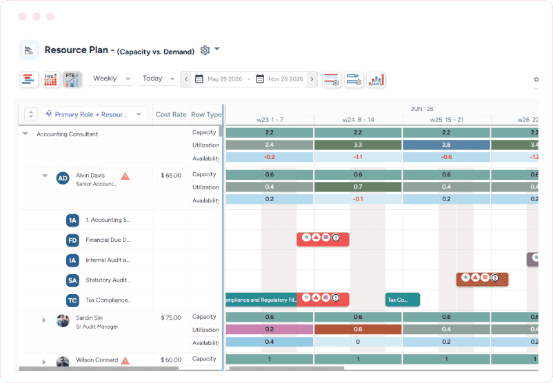 Dashboard displaying capacity, demand, and utilization across weekly project allocations for roles and resources