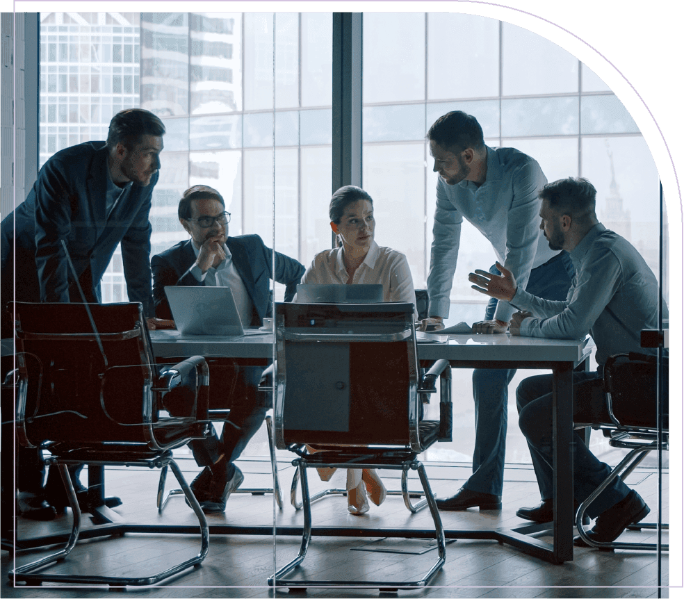 Business team discussing enterprise project delivery and workforce management solutions