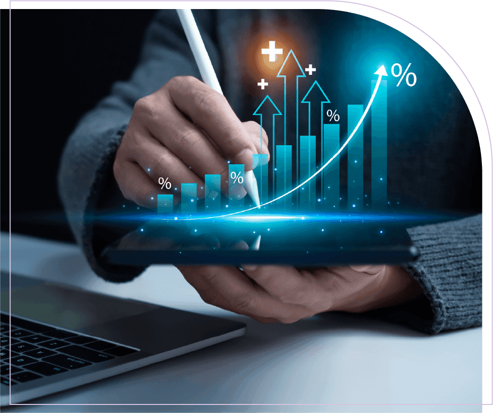Professional analyzing fluctuating revenue trends and forecast indicators on a digital tablet