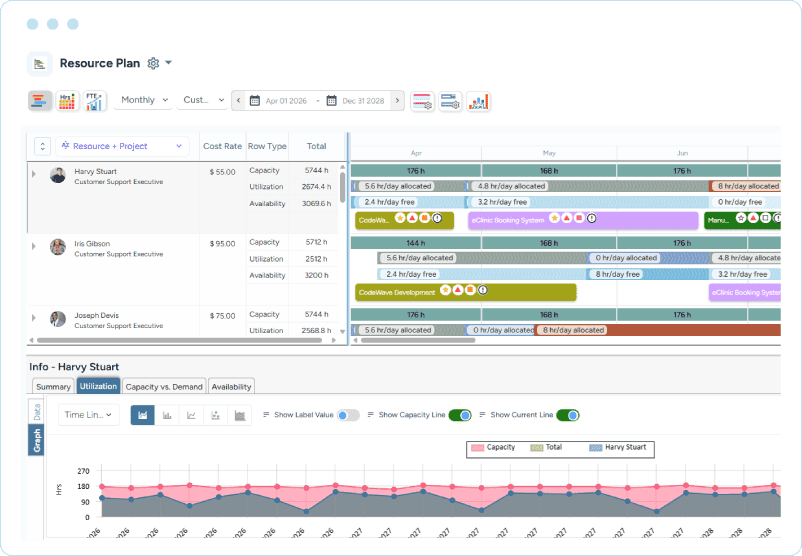 Dashboard showing assigned resources, project booking bars, monthly capacity, utilization, and availability details