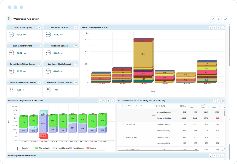 Dashboard showing capacity, demand, billable demand, unnamed demand, role-based forecasts, and shortage analysis