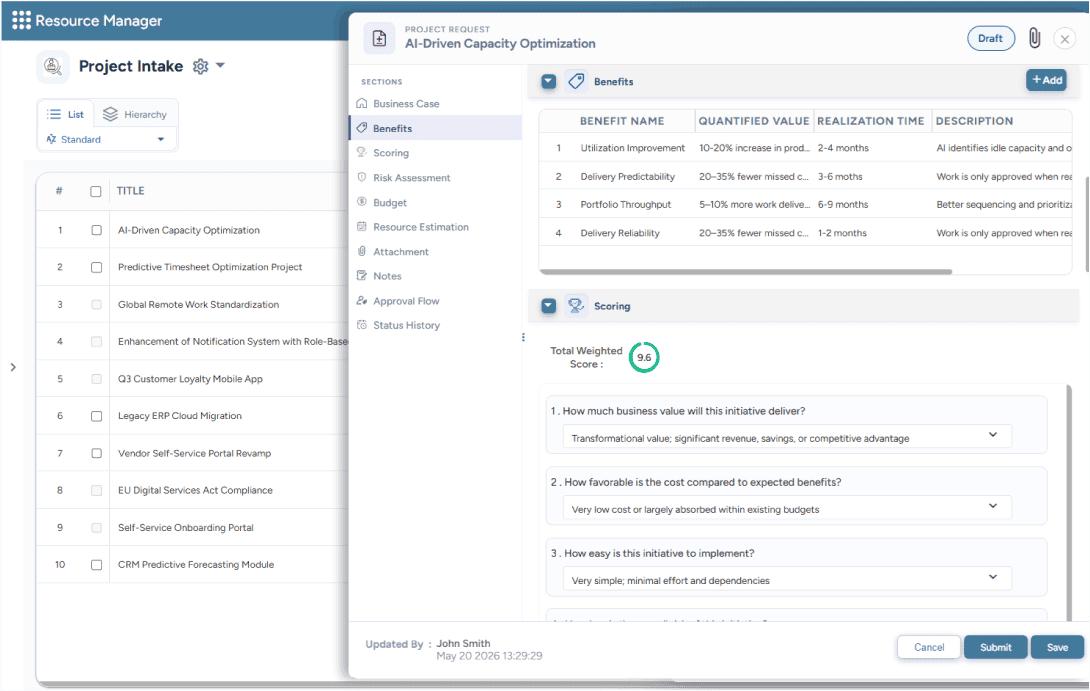 Interface showing project list, benefits, scoring criteria, and weighted intake score