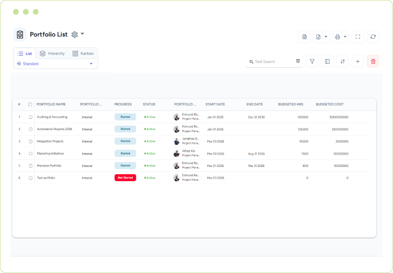 Screen showing portfolio list with progress, status, owners, dates, budgeted hours, and cost