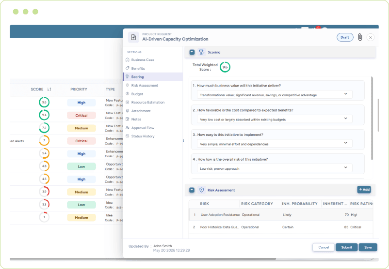 Window showing scoring questions, risk assessment, and approval actions