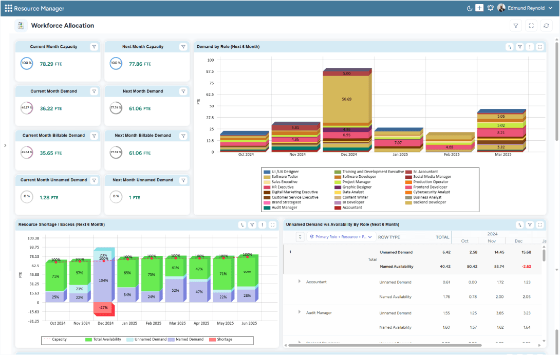 Dashboard showing resource shortages, excess capacity, and unnamed demand vs. availability by role