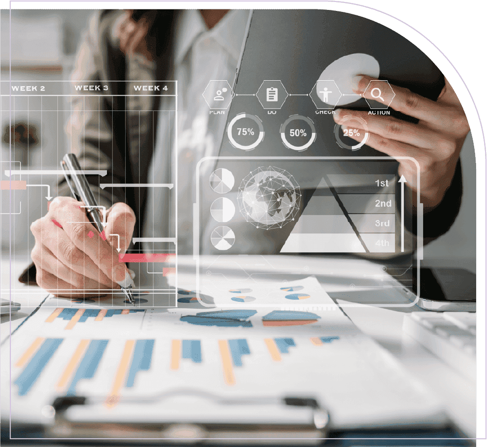 Business professional analyzing project portfolio reports