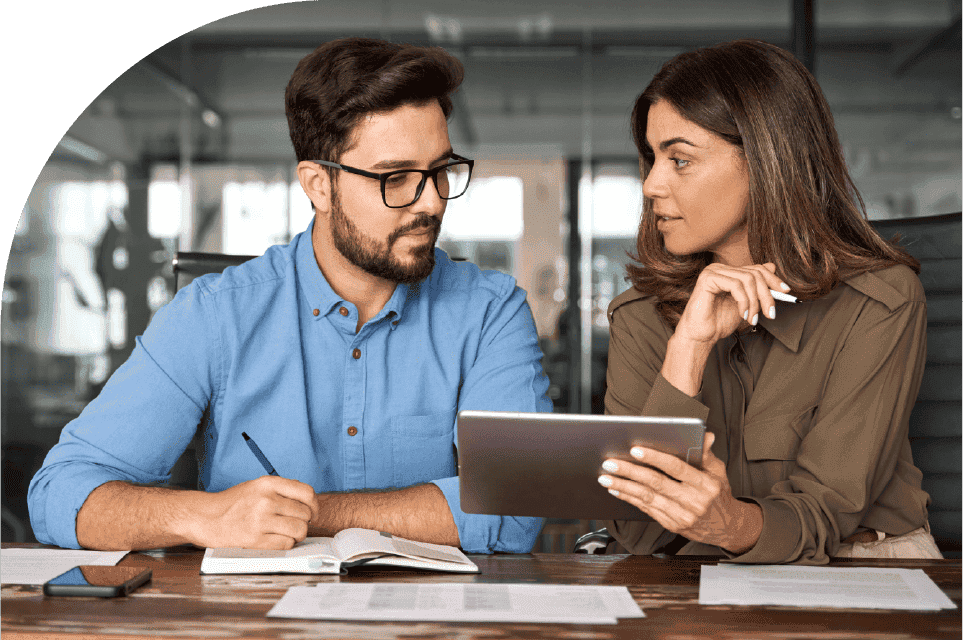 Business professionals checking a project portfolio report