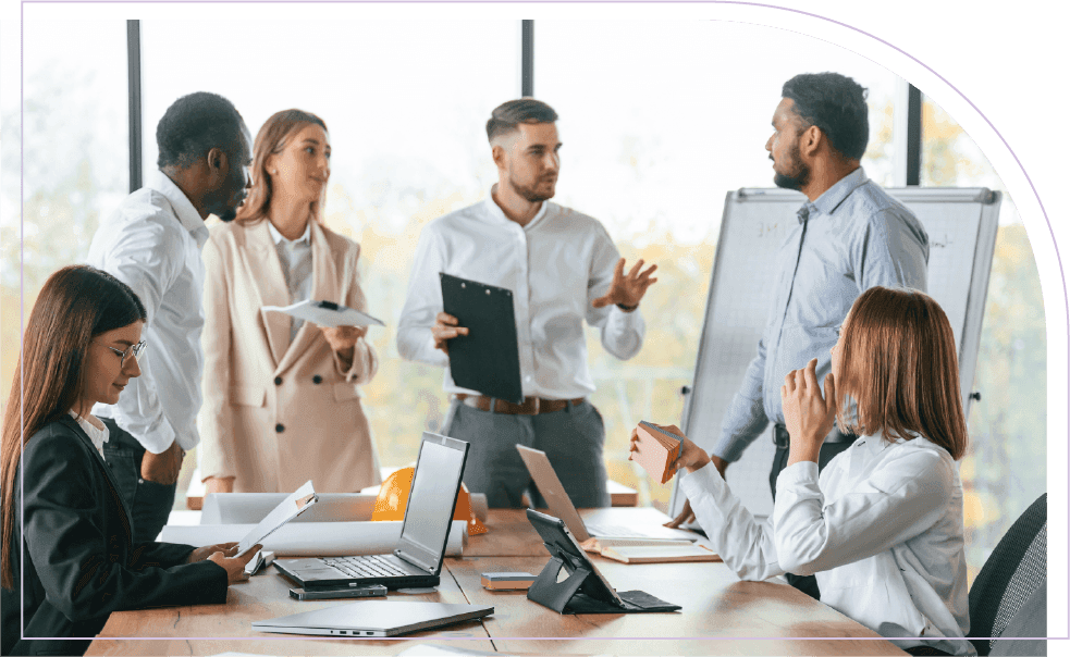 Professionals discussing strategy during a collaborative meeting
