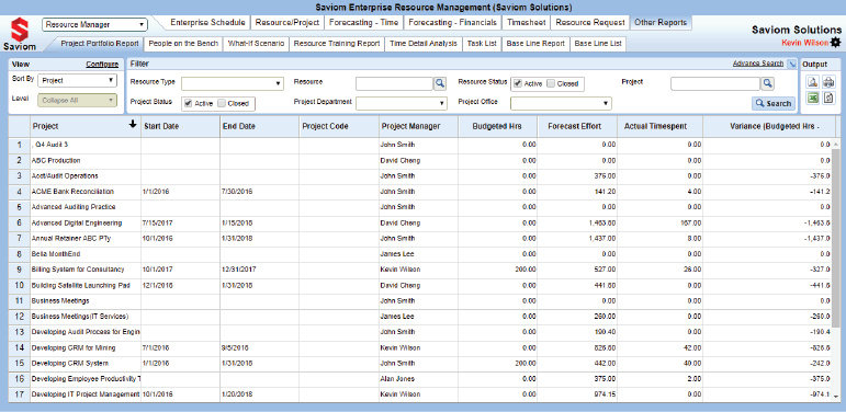 Image showing Project portfolio report in Saviom's Enterprise Resource Management Software.