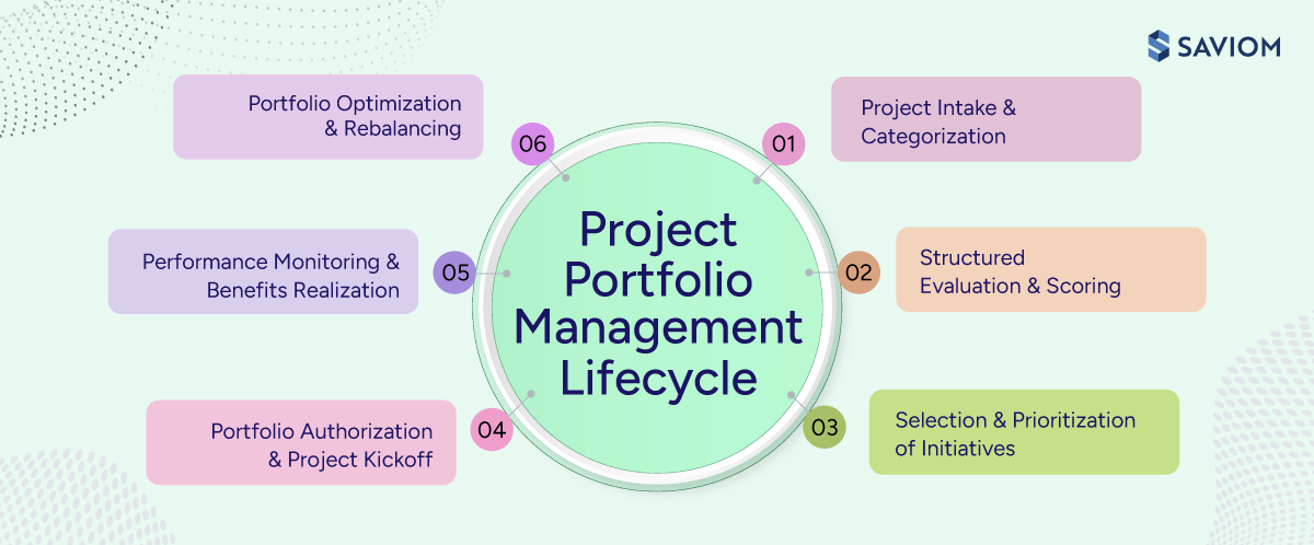 Process diagram showing key stages of the project portfolio management lifecycle.