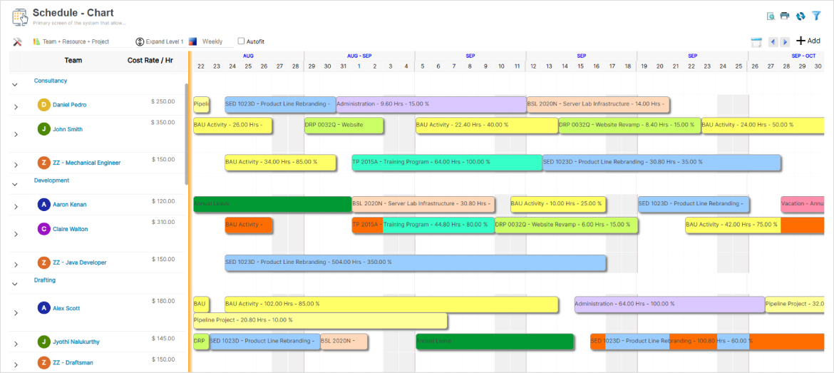 SAVIOM's resource schedule chart helping managers with competent resource allocation